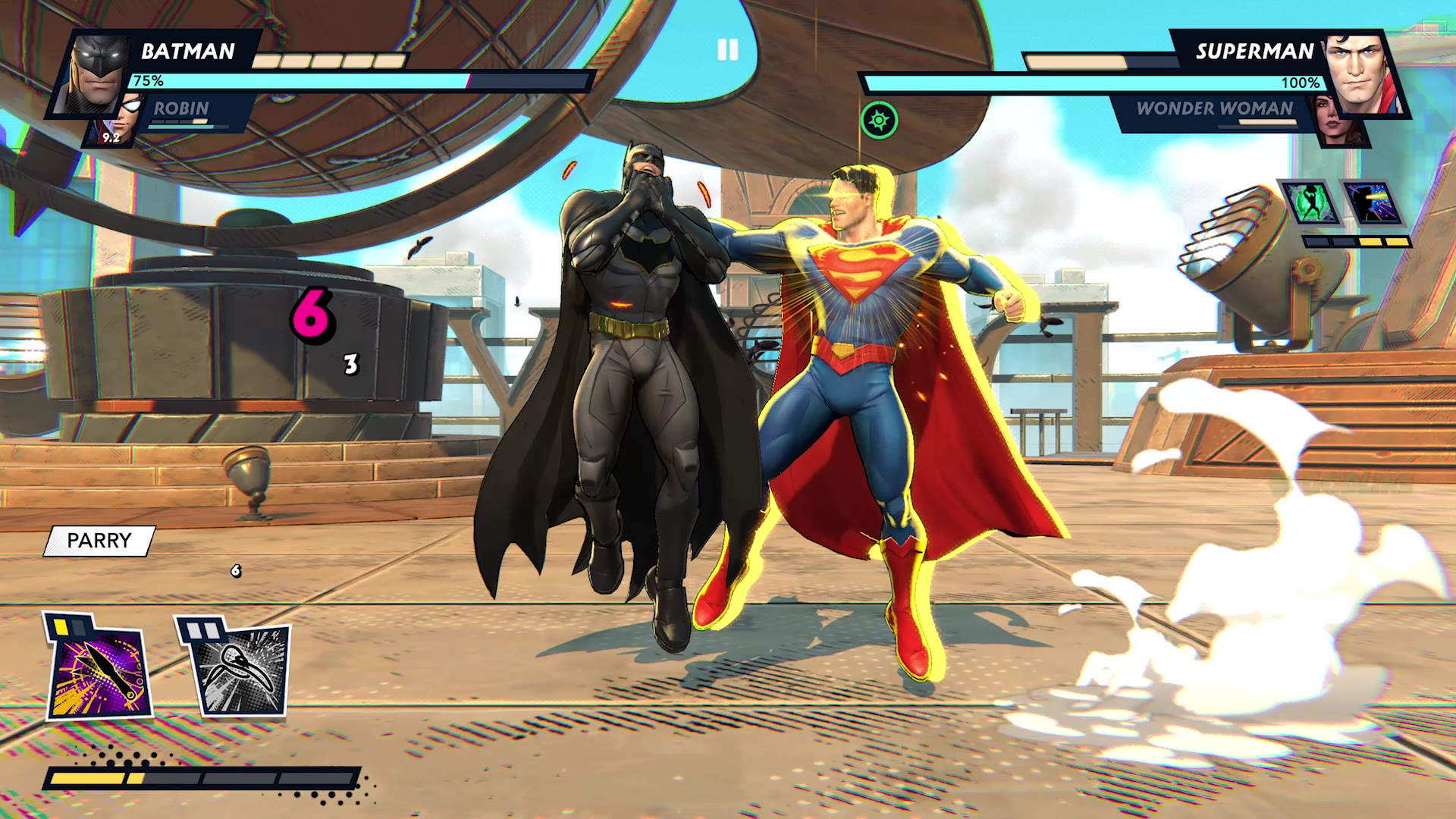A live PvP match in DCKO - two DC duos clash in a neon city arena
